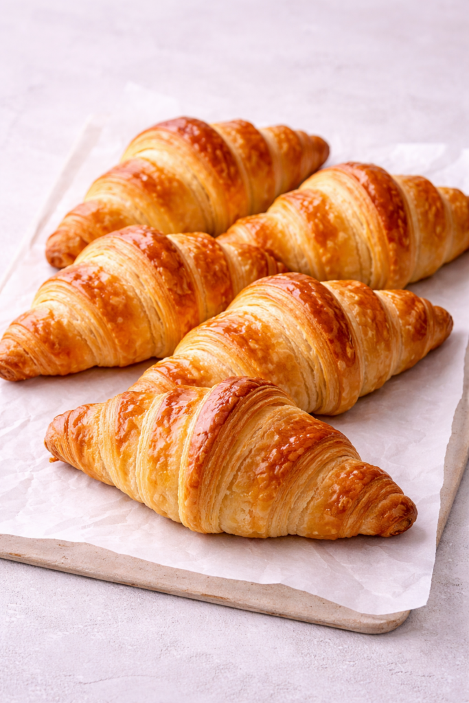 Zes verse, luchtige roomboter croissants